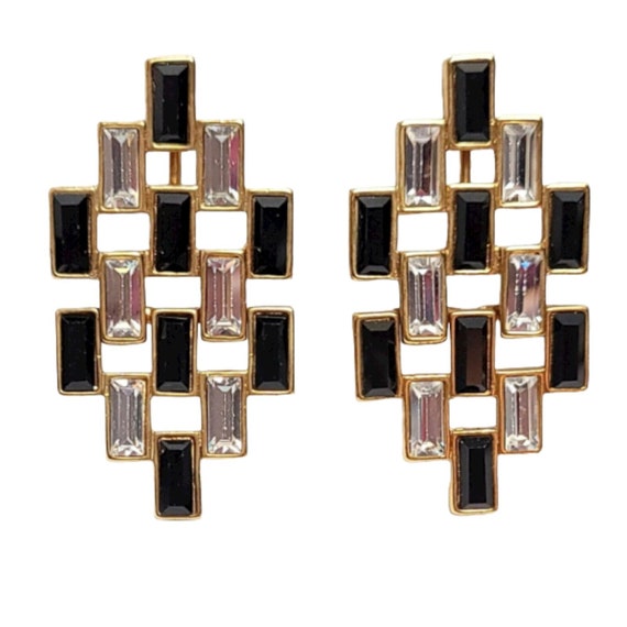 Napier Gold Tone Black Clear Rhinestone Hinged Waffle Clip On Earrings