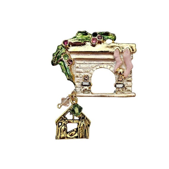 Fireplace Christmas Brooch Nativity Pin Glass Dangle Charms Rhinestone Pin J947