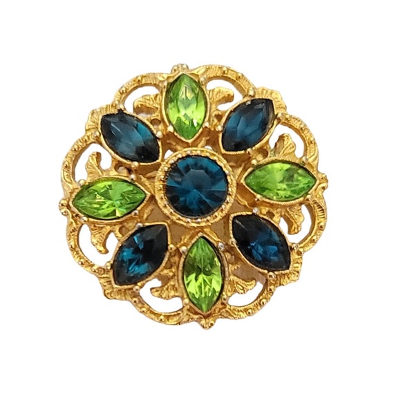 1928 Brand Green, Blue Resin Rhinestone Gold Tone Round Filigree Brooch L24