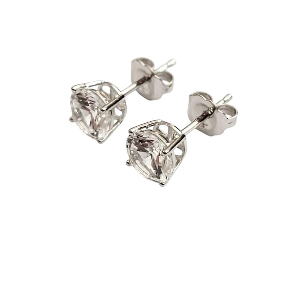 14K White Gold Round Clear Lab Created Sapphires Post Earrings