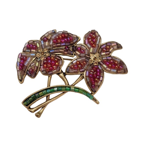 Liz Claiborne Matte God Tone Red Green Glass Beaded Stemmed Flower Duo Brooch, Signed E611