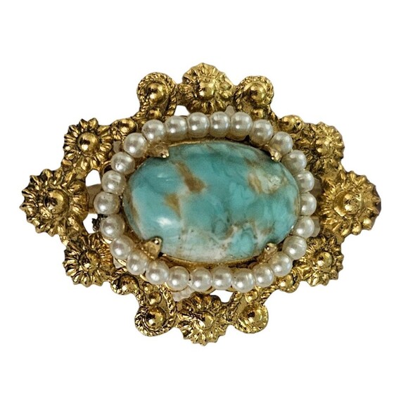 Gold Tone Mottled Blue Oval Glass Faux Pearl Oval Vintage Filigree Pin Brooch L213