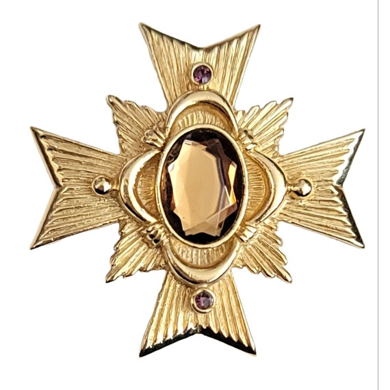 Avon Gold Tone Large Faux Faceted Oval Rhinestone Maltese Cross Brooch/Pendant, Signed