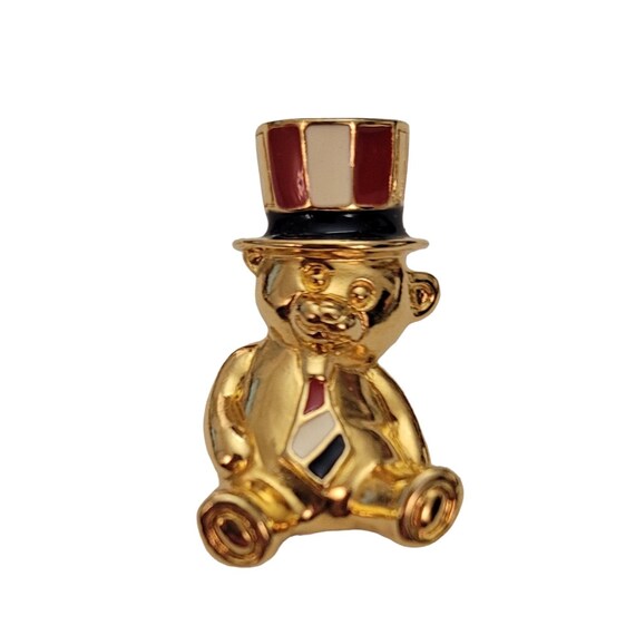 Avon Gold Tone Red White Blue Patriotic Bear W/ Top Hat Lapel Scatter Pin, Signed E872