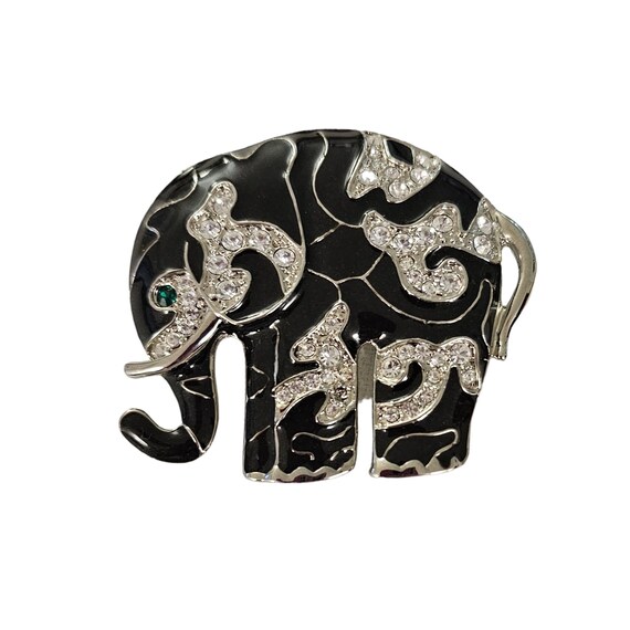 Black Enamel Clear Rhinestone Silver Tone Elephant Brooch L138