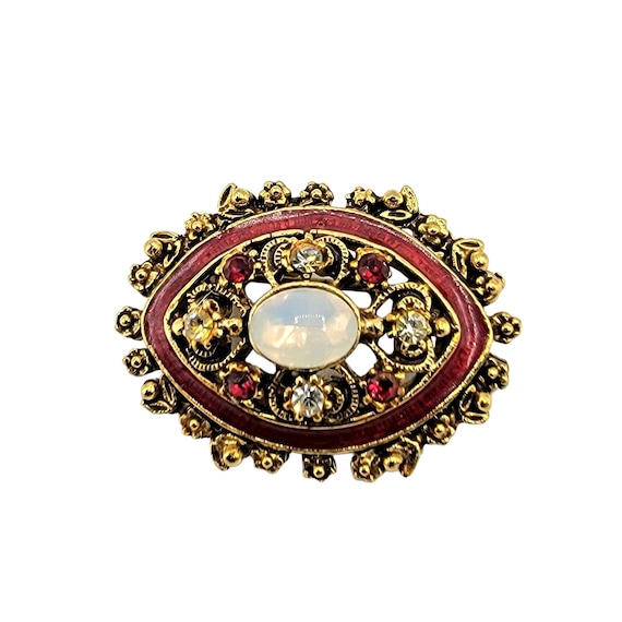 Florenza Oval Red Enamel Moonstone Center Rhinestone Brooch, Signed