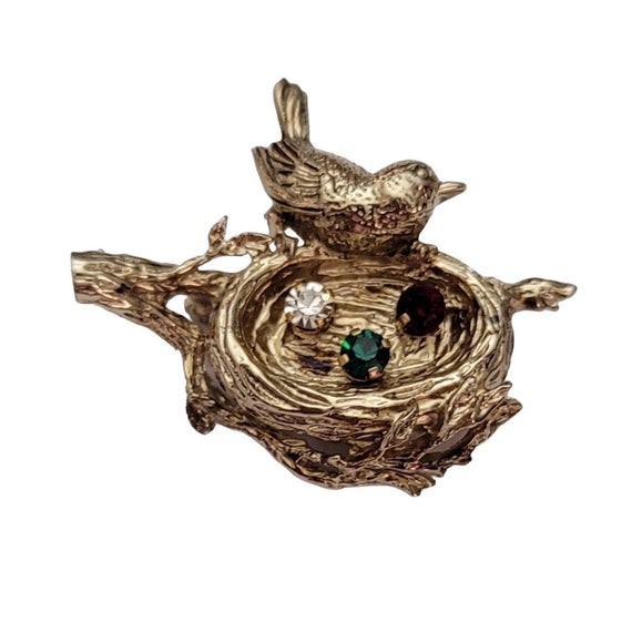 Anson Sterling Gold Vermeil Gemstone Eggs In Nest Bird Pin, Signed E748