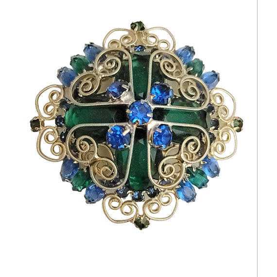 Silver Tone Green Blue Prong Rhinestone Filigree Cluster Heart Scroll Brooch, M478