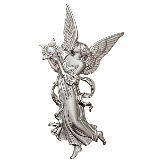 JJ Jonette Pewter Style Angel Fairy Holding Star AB Iridescent Cab Brooch Pin, Signed L377