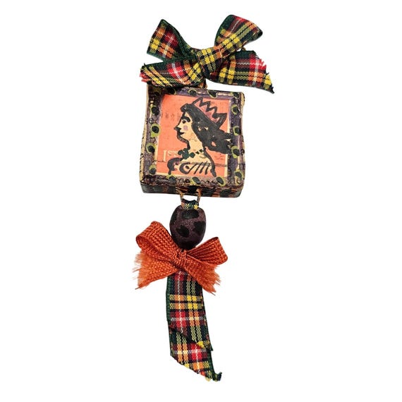 Julie Arkell OOAK "Queen of a Day" Brooch Green Orange Red Yellow Plaid Pin J714