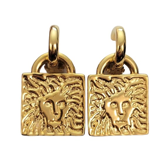 Anne Klein Gold-Tone Hoop With Square Signature Lion Head Jacket Clip-On Earrings E965