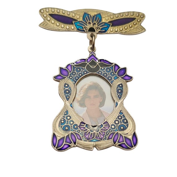 Blue Purple Enamel Photo Holder Brooch Bar Dangle Pin C629