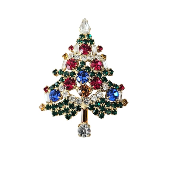 Christmas Tree Brooch Prong Set Multicolor Rhinestone Pin J432