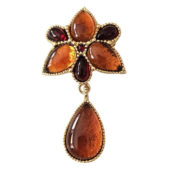 Mogul Style Brooch Topaz Lucite Cabochon Star Dangle 80’s Pin Pendant L558