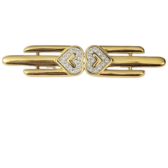 Monet Gold Tone Clear Rhinestone Deco Style Two Hearts Bar Pin Brooch, Signed