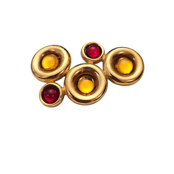 Gold Tone Modernist Red Gold Glass Cab Brooch Round Circle Clusters Pin C876