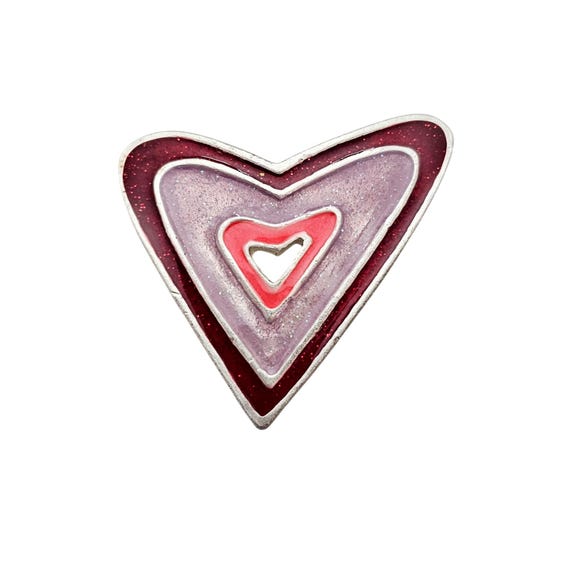 AJMC Pink Red Heart Sparkle Enamel Brooch Modernist Pin Signed, C822