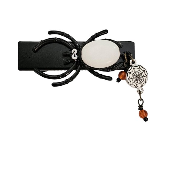 White Jasper Black Spider Hair Barrette Web, Glass Bead Dangle L627
