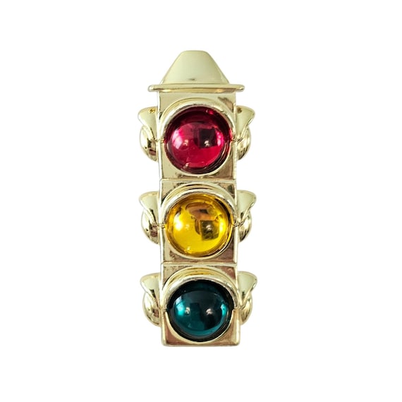 Gold Tone Stop Light Brooch Red Yellow Green Lucite Cabochon Pin J361