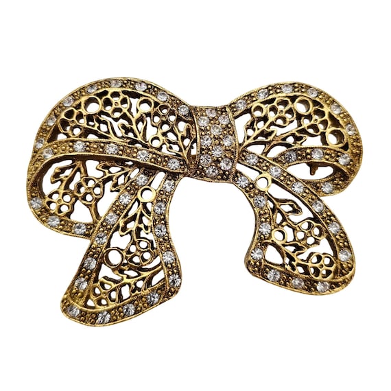 1928 Brand Chunky Filigree Bow Brooch Clear Rhinestone Pin Signed, C860