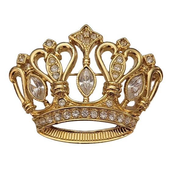 Kenneth Jay Lane KJL for Avon Clear Rhinestone Crown Brooch Pin, Signed K897