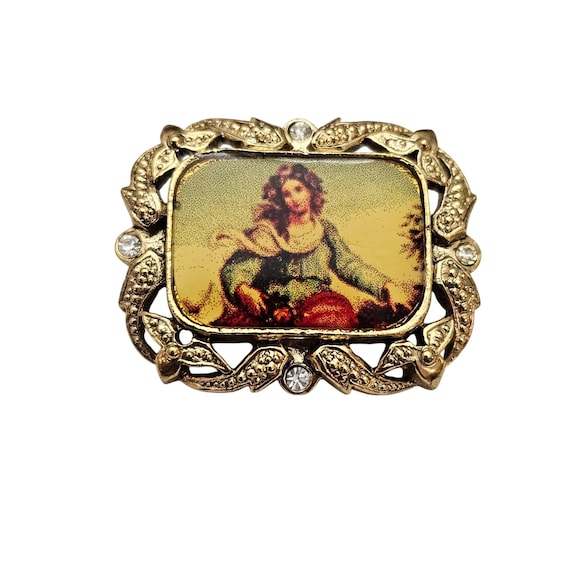 1928 Brand Lady Photo Brooch Clear Rhinestone Pin Signed, C886