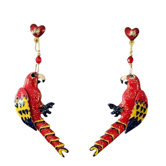 Lunch At The Ritz Parrot Bird Dangle Post Earrings, Signed