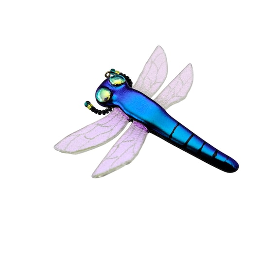 Art Glass Dragonfly Brooch Blue Teal Purple Green Sheer Pink Iridescent Pin J627