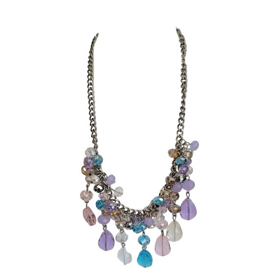 Silver Tone Multi-Color Faceted Crystal Drop Dangle Necklace, Estate Vintage