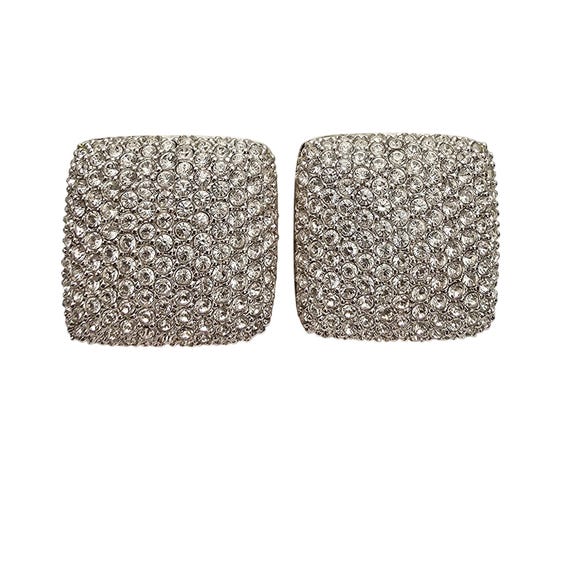 Swarovski Clear Crystal Pave Clip-On Square Earrings Swan Logo Marked J694
