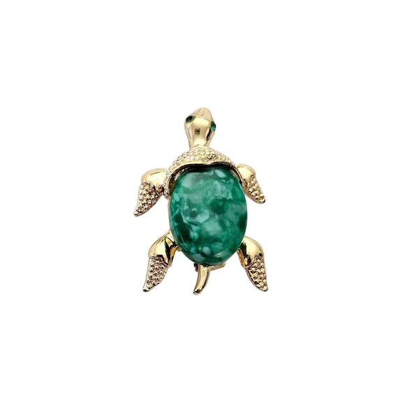Gerry's Green Oval Art Glass Turtle Brooch Gold Tone Vintage Pin Signed, J658