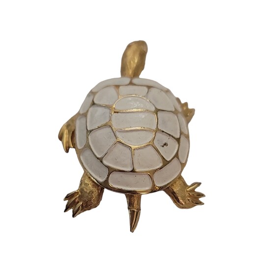 Vintage Gold Tone White Enamel Clear Rhinestone Turtle Brooch Pin E896