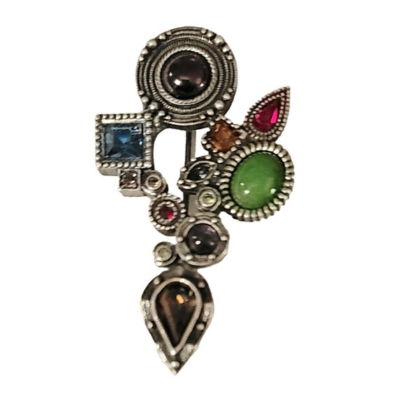 Patricia Locke Silver Tone Multi Gemstone Brooch, Signed M0