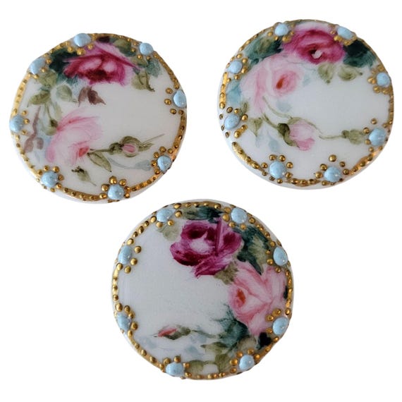 Antique Bone China Round Buttons, Self Shank, Hand Painted Roses, Pink, Blue