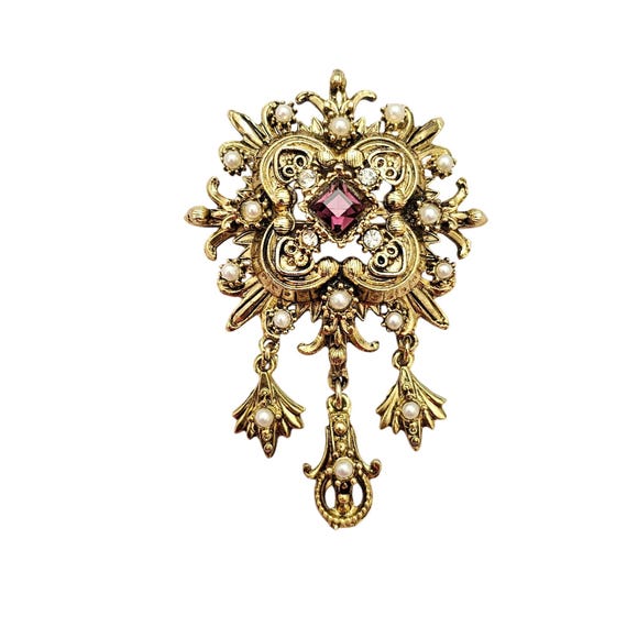 Maltese Fleur De Lis Dangle Charm Brooch Purple Focal Faux Pearl Pin C632