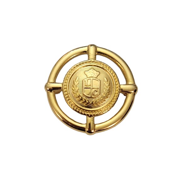 Liz Claiborne Gold Tone Signature Shield Round Laurel Leaf Edge Brooch Pin, Signed E474
