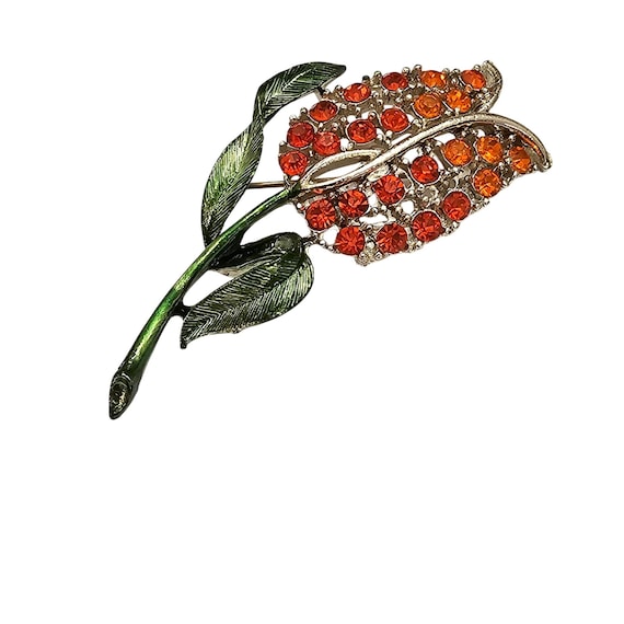 Orange Tulip Flower Brooch Green Enamel 1940’s-50’s Pin C794