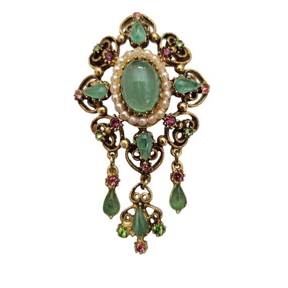 Florenza Brooch Green Flawed Glass Pink Rhinestone Dangle Pin Signed J764