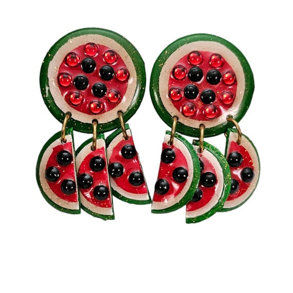 Watermelon Lucite Resin Red Green Charm Dangle Clip On Earrings L388