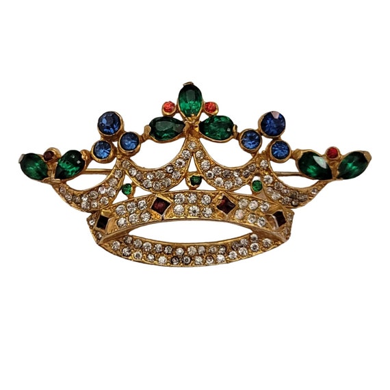 Gold Tone Blue Green Red Rhinestone Crown Vintage… - image 2