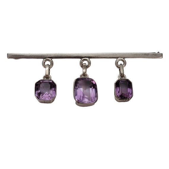 Sterling Silver Amethyst Square Charm Dangles Bar Brooch Pin Trombone Clasp Vintage E515