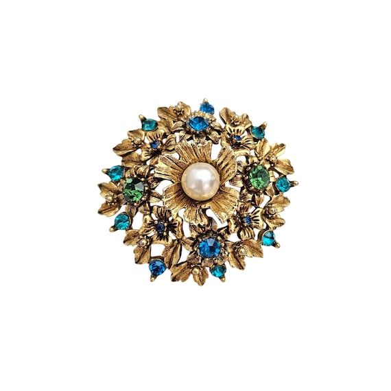 Florenza Domed Flower Brooch Blue Green Rhinestone Pin Signed, J369