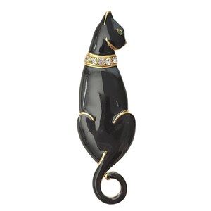 Trifari TM Vintage Black Enamel Clear Rhinestone Cat Brooch, Signed