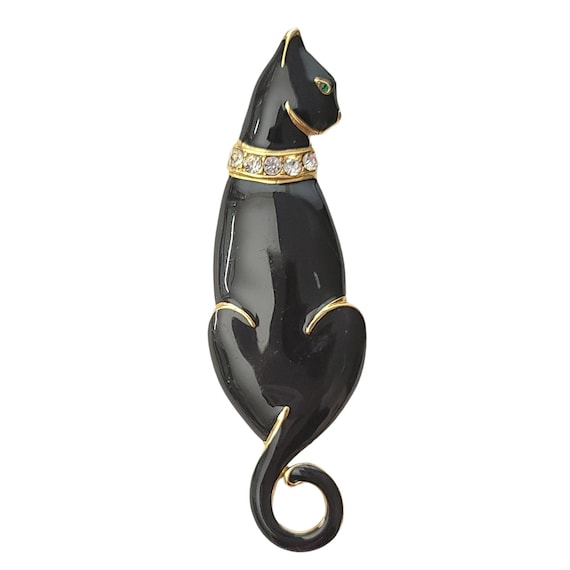 Trifari TM Vintage Black Enamel Clear Rhinestone Cat Brooch, Signed