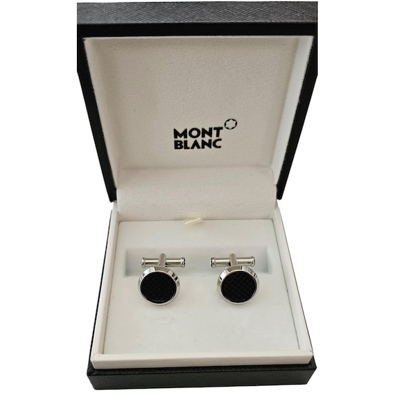 Mont Blanc Cuff Links Stainless Steel Round Carbon Pattern Inlay