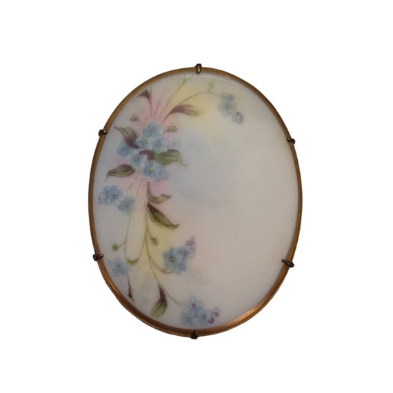 Oval Painted Flower Glass Cameo Style Brooch C-Clasp Pin E247