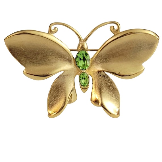 Napier Vintage Matte Gold Tone Green Rhinestone Vintage Butterfly Brooch, Signed
