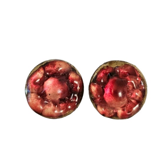 Vintage Pink Red Art Glass Round Domed Clip On Earrings L120