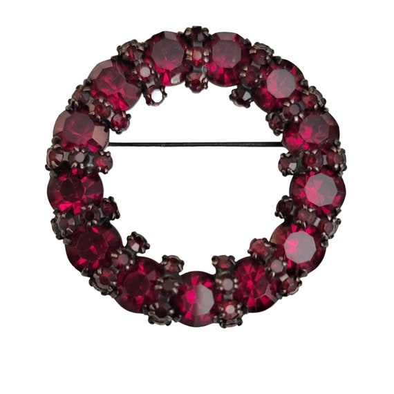 Joseph Warner Red Rhinestone Open Round Japanned Brooch Pin, Signed M173