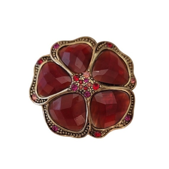Liz Claiborne Gold Tone Red Art Glass, Pink Petal Rhinestone Flower Brooch, Signed E571